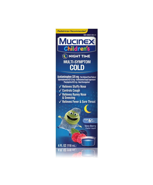 Mucinex Children's Night Time Cold Medicine, Multi-Symptom Relief, Mixed Berry, 4 fl oz